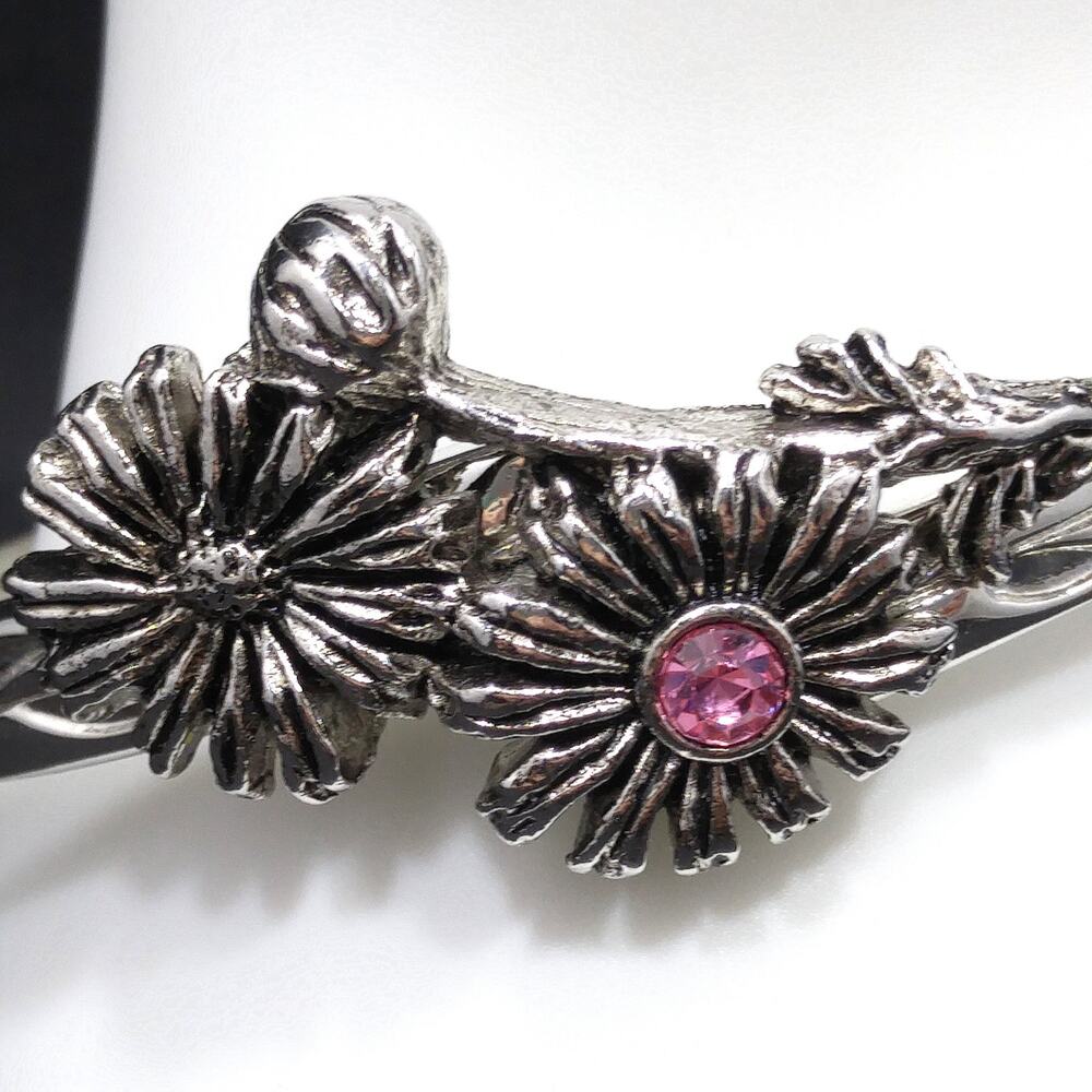 Lenox October Flower Bracelet Pink Rhinestone Silver Tone Hinged - Picture 2 of 10